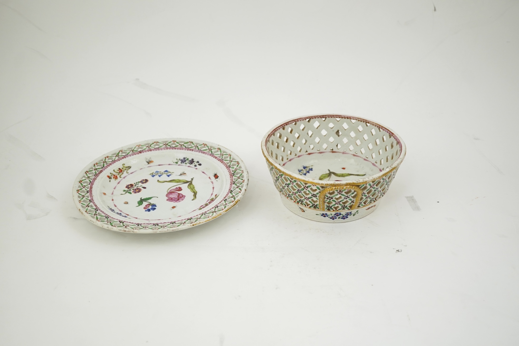 A Chinese export famille rose basket and stand, Qianlong period